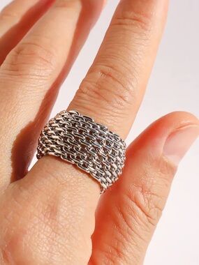 Wide Silver Chain-Link Cocktail Statement Ring